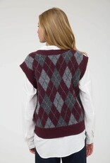 Miss Bliss Blu Argyle V Neck Sleeveless Knit Pullover Vest- Oxblood/multi