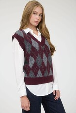 Miss Bliss Blu Argyle V Neck Sleeveless Knit Pullover Vest- Oxblood/multi