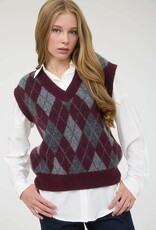 Miss Bliss Blu Argyle V Neck Sleeveless Knit Pullover Vest- Oxblood/multi