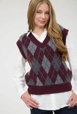 Miss Bliss Blu Argyle V Neck Sleeveless Knit Pullover Vest- Oxblood/multi
