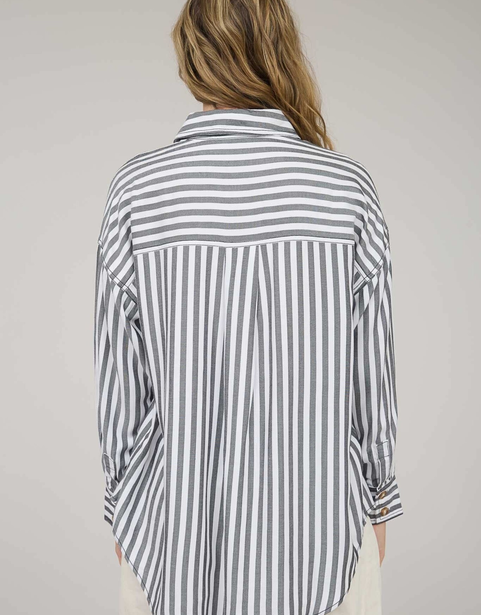Miss Bliss Blu Stripe Collared Button Down Long Sleeve Shirt- Black