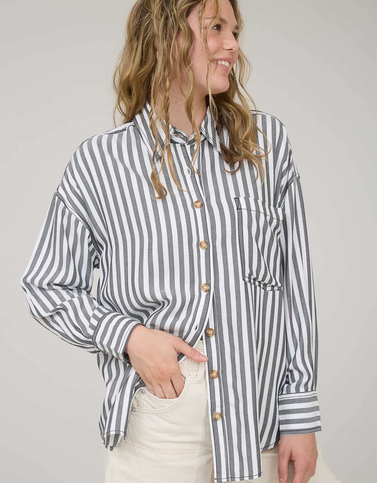 Miss Bliss Blu Stripe Collared Button Down Long Sleeve Shirt- Black