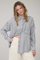 Miss Bliss Blu Stripe Collared Button Down Long Sleeve Shirt- Black
