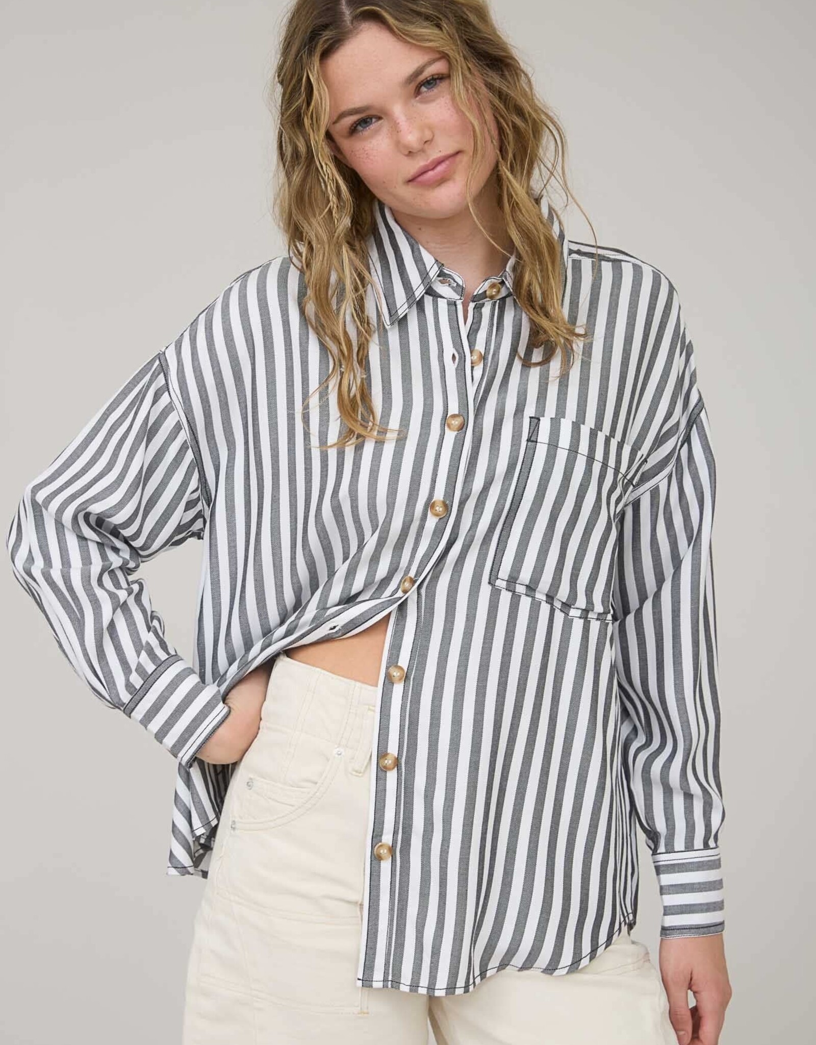 Miss Bliss Blu Stripe Collared Button Down Long Sleeve Shirt- Black