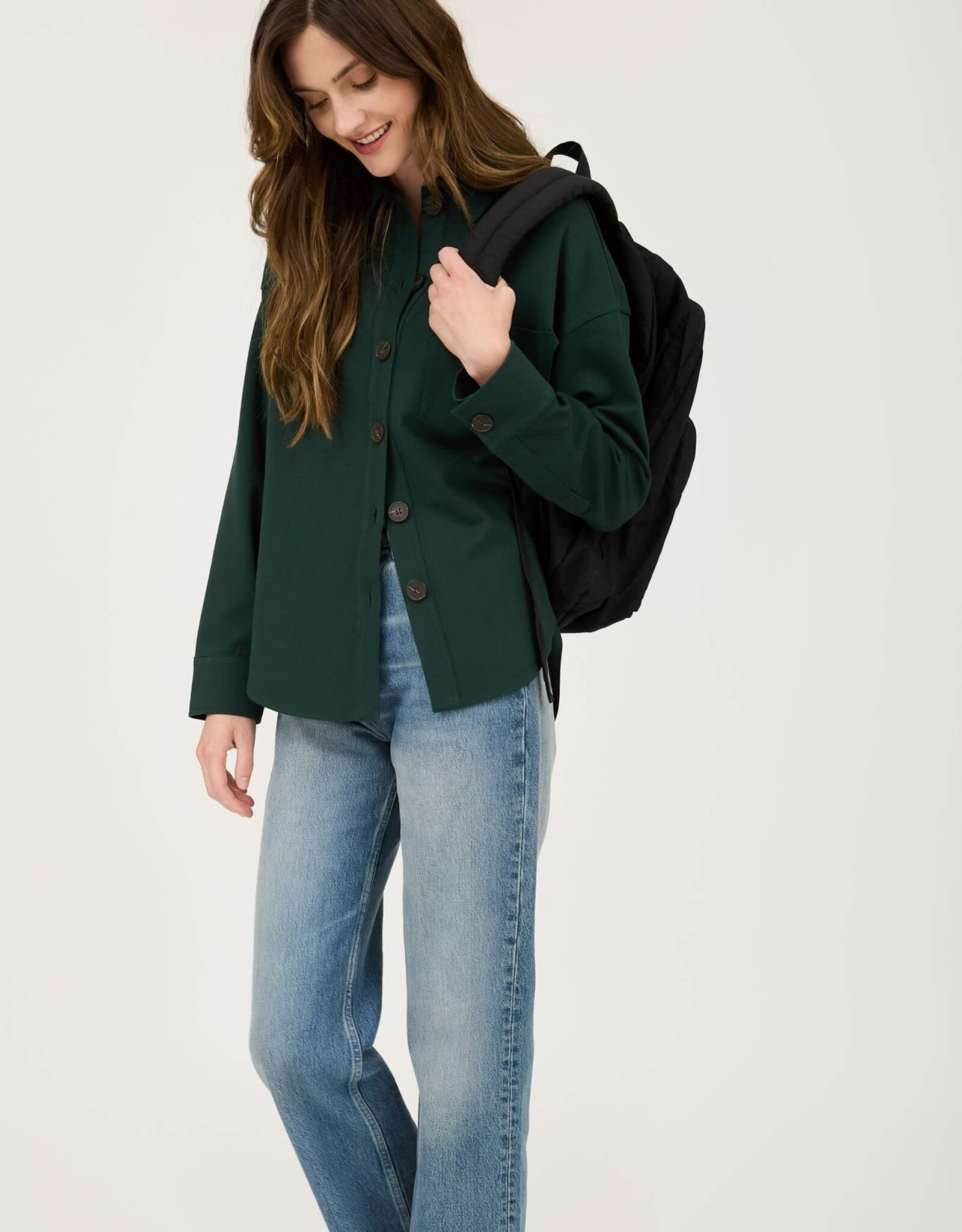 Miss Bliss Blu Solid Collared Long Sleeve Button Down Shacket- Hunter Green