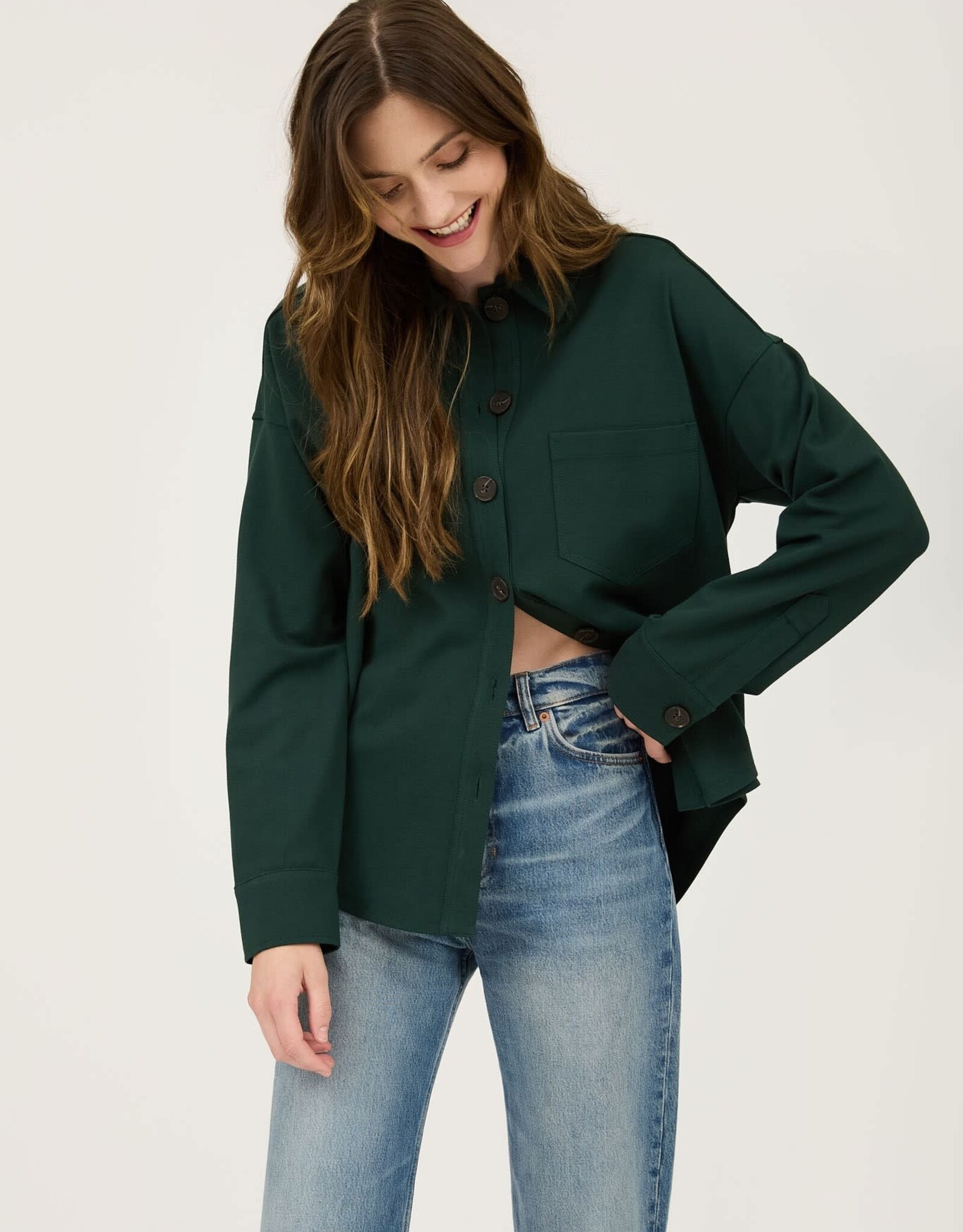 Miss Bliss Blu Solid Collared Long Sleeve Button Down Shacket- Hunter Green