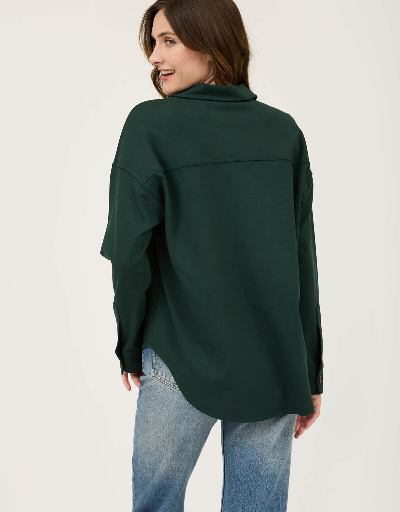 Miss Bliss Blu Solid Collared Long Sleeve Button Down Shacket- Hunter Green