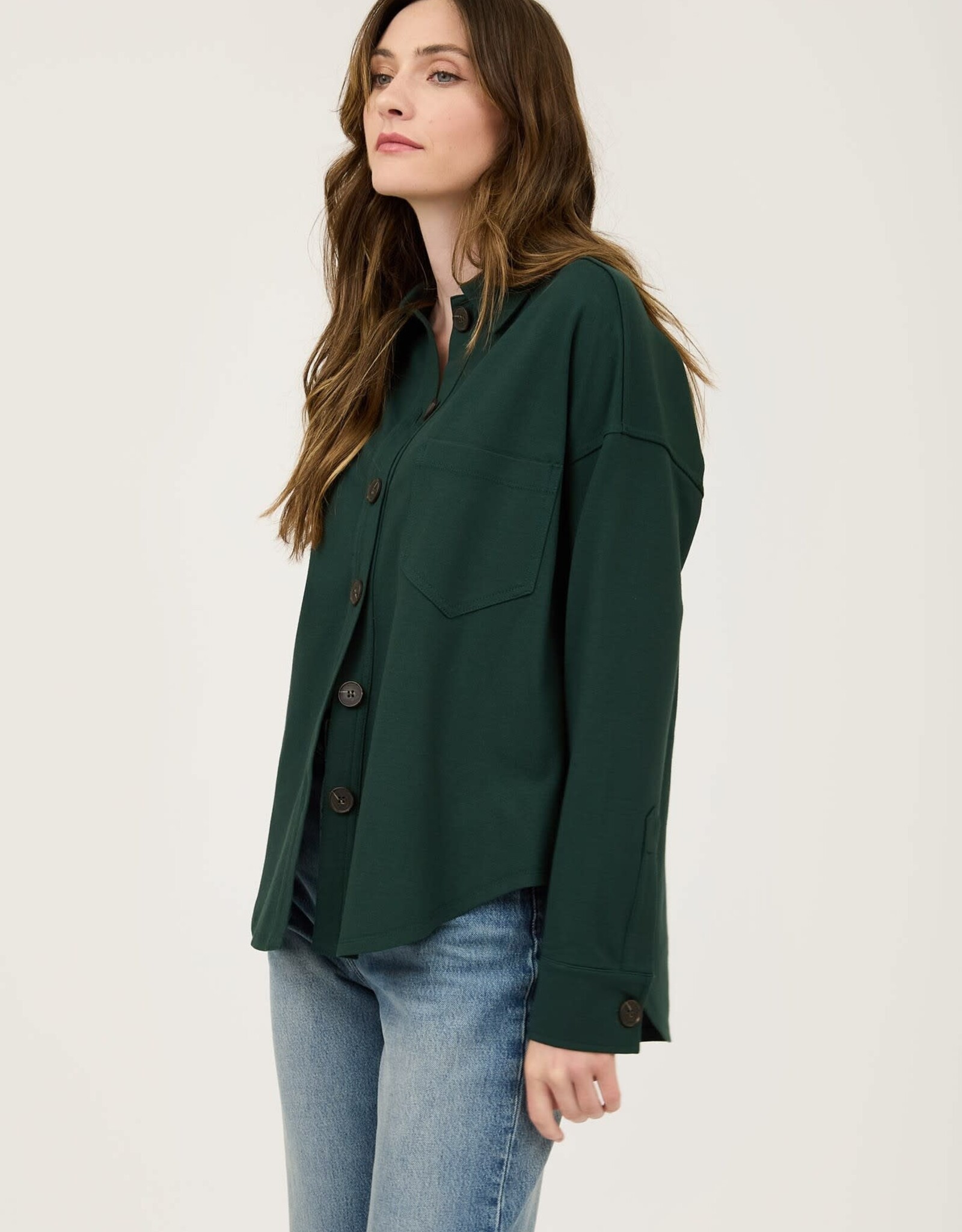 Miss Bliss Blu Solid Collared Long Sleeve Button Down Shacket- Hunter Green
