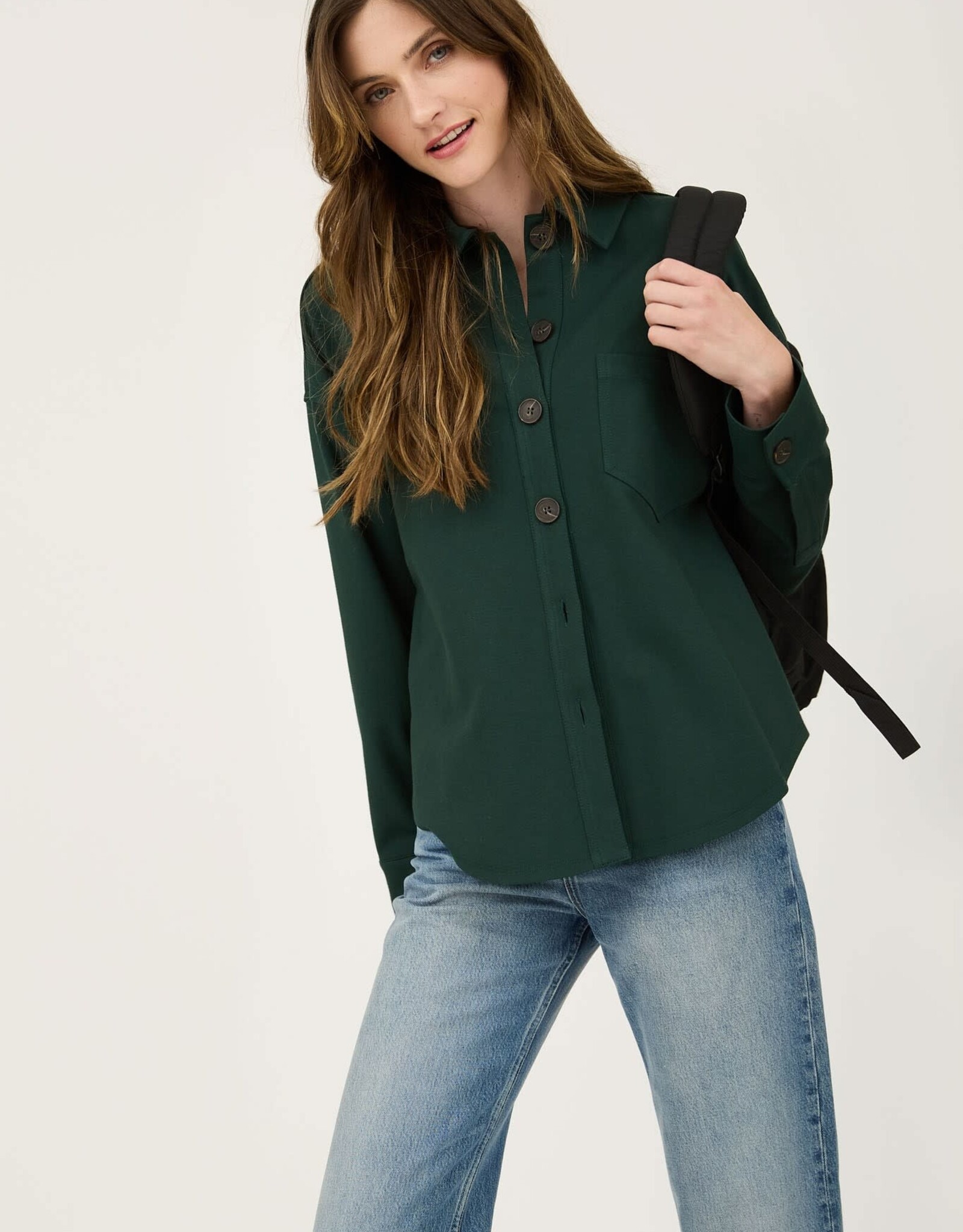Miss Bliss Blu Solid Collared Long Sleeve Button Down Shacket- Hunter Green