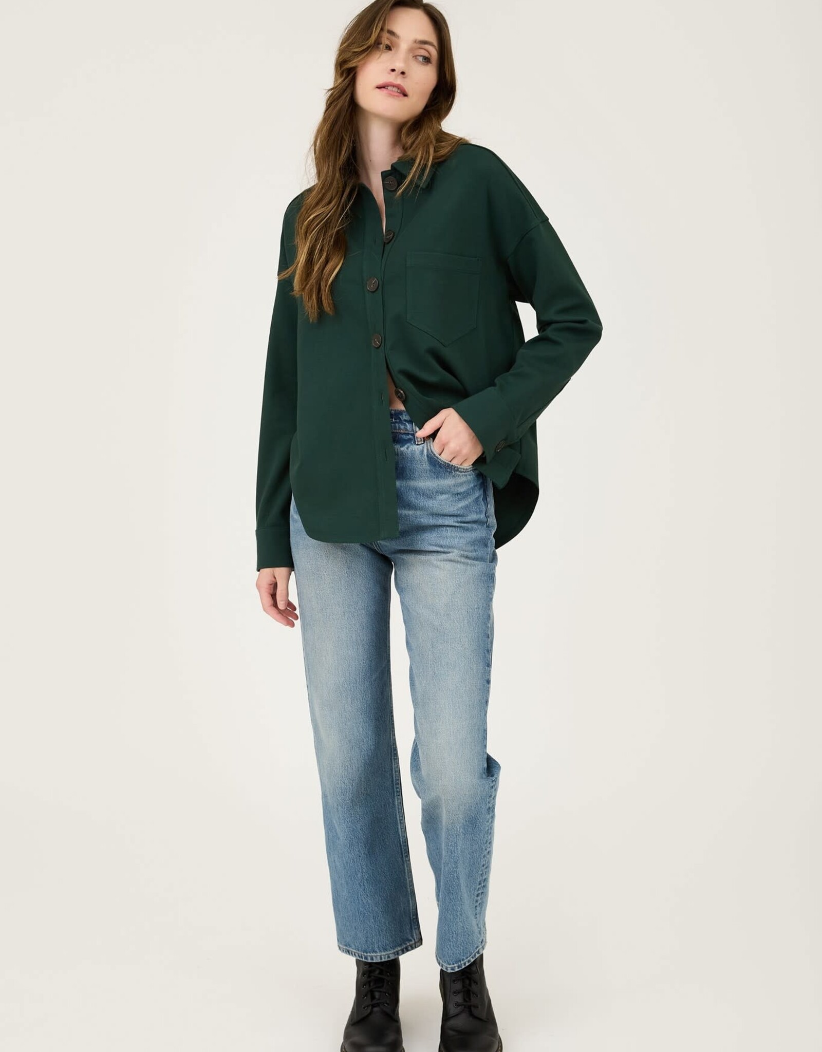 Miss Bliss Blu Solid Collared Long Sleeve Button Down Shacket- Hunter Green