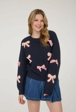 Miss Bliss Blu  Bow Pattern Long Sleeve Knit Sweater- Navy