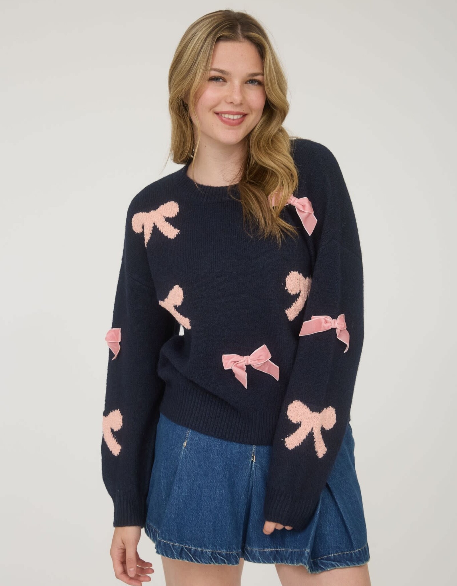 Miss Bliss Blu  Bow Pattern Long Sleeve Knit Sweater- Navy