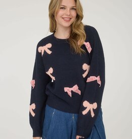 Miss Bliss Bow Pattern Long Sleeve Knit Sweater- Navy