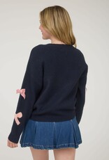 Miss Bliss Blu  Bow Pattern Long Sleeve Knit Sweater- Navy