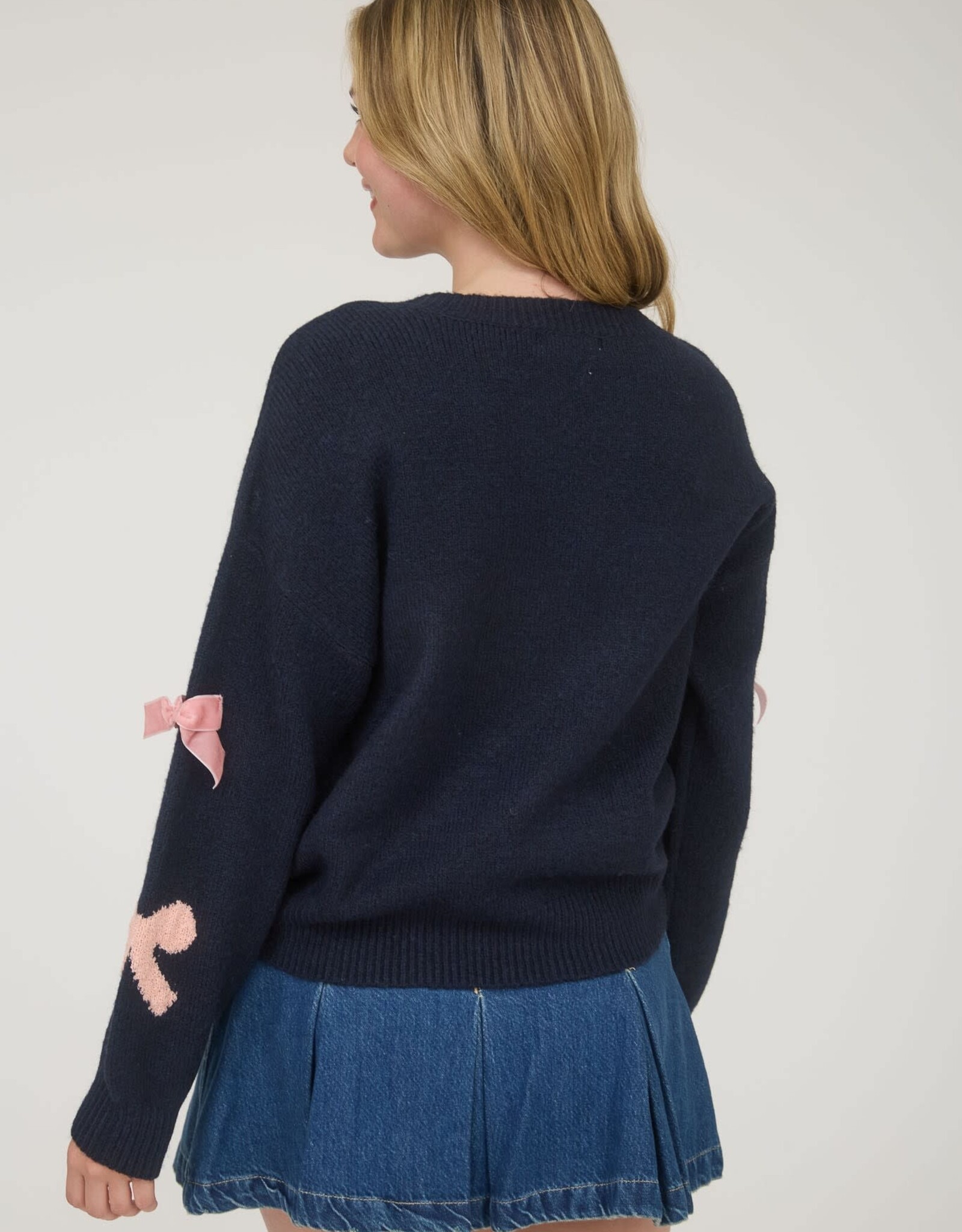 Miss Bliss Blu  Bow Pattern Long Sleeve Knit Sweater- Navy