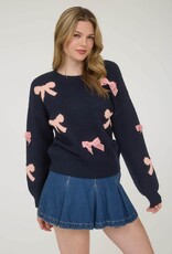 Miss Bliss Blu  Bow Pattern Long Sleeve Knit Sweater- Navy