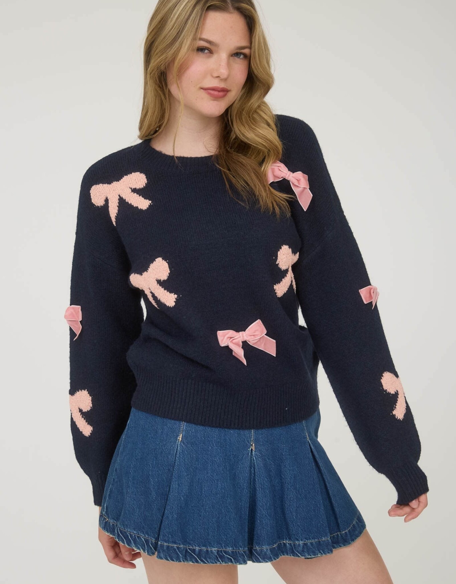 Miss Bliss Blu  Bow Pattern Long Sleeve Knit Sweater- Navy