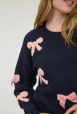 Miss Bliss Blu  Bow Pattern Long Sleeve Knit Sweater- Navy
