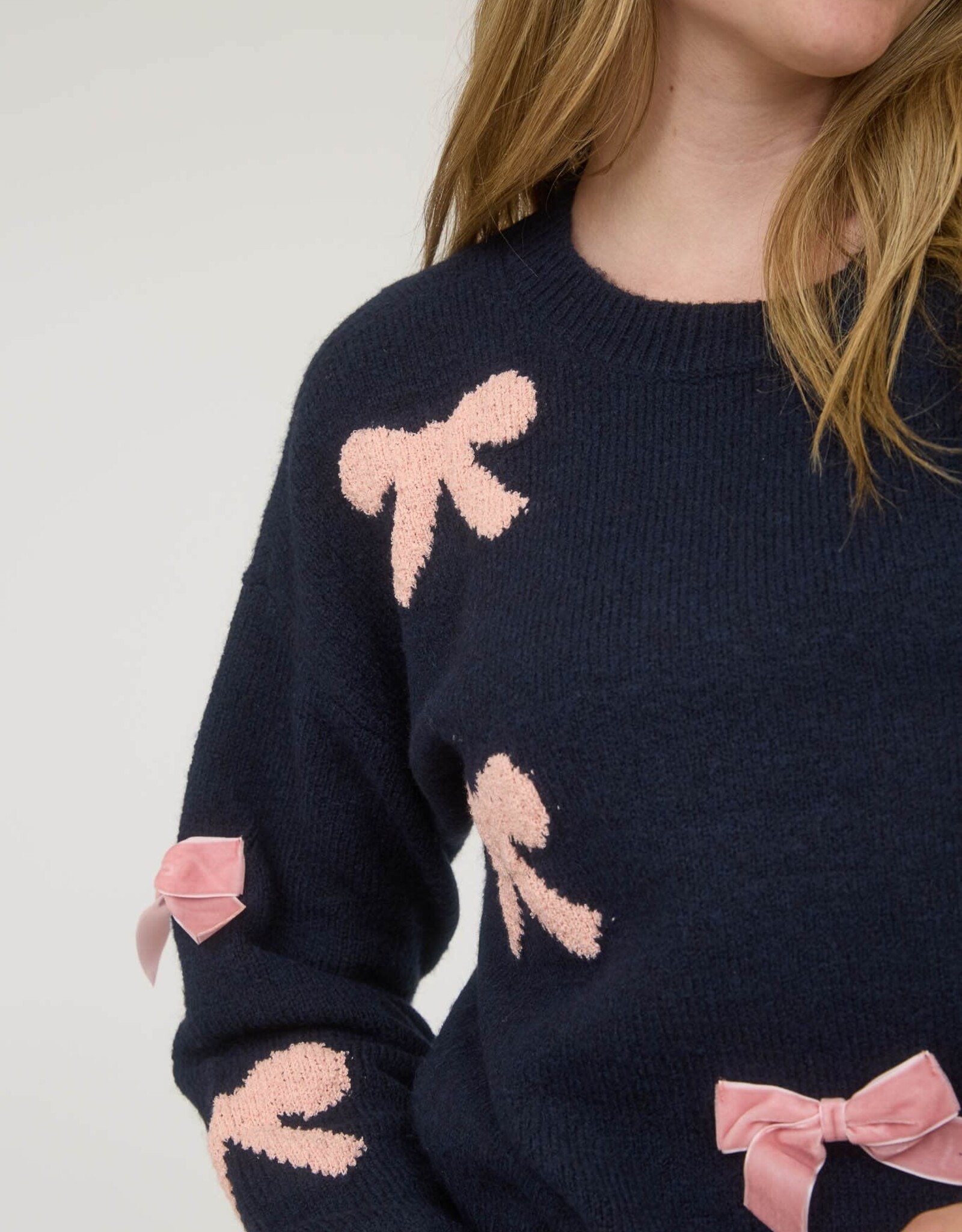 Miss Bliss Blu  Bow Pattern Long Sleeve Knit Sweater- Navy