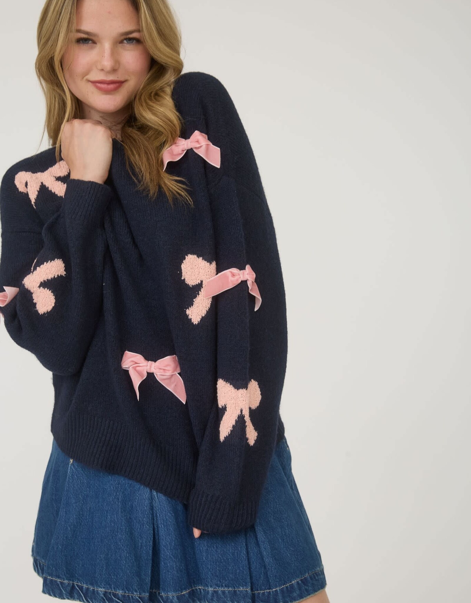 Miss Bliss Blu  Bow Pattern Long Sleeve Knit Sweater- Navy