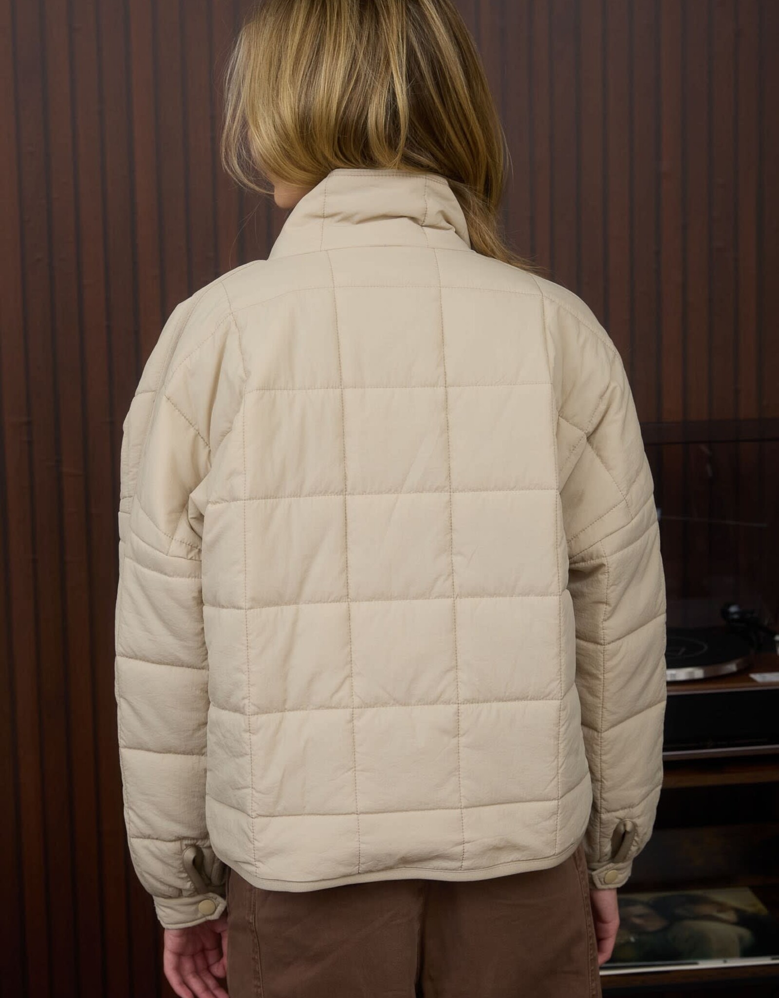 Miss Bliss Blu Quilted Square Zip-up Puffer Jacket- Khaki