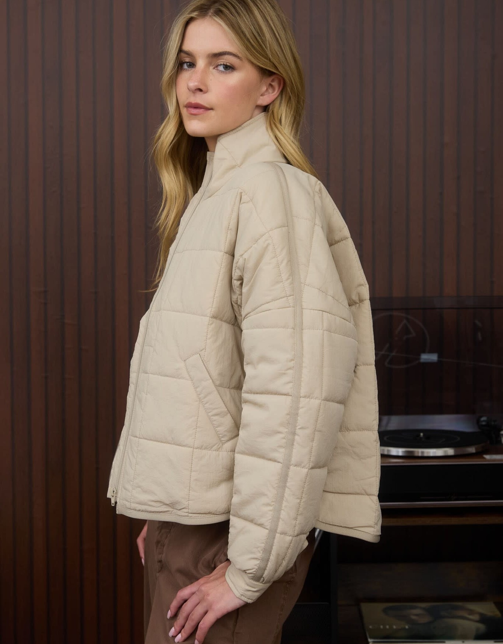 Miss Bliss Blu Quilted Square Zip-up Puffer Jacket- Khaki