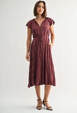 Miss Bliss F2F Crinkle Satin Tie Waist Dress-Wine