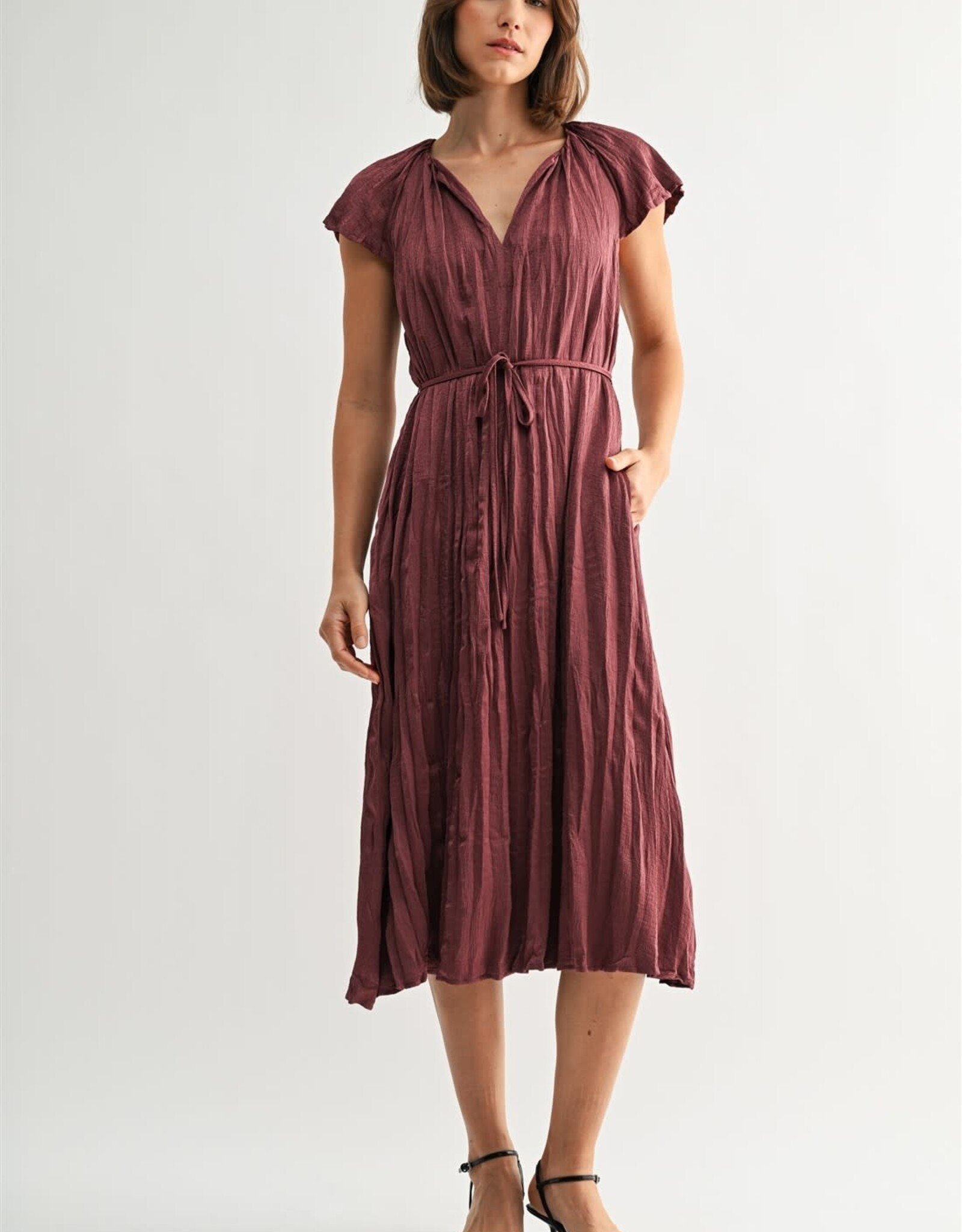 Miss Bliss F2F Crinkle Satin Tie Waist Dress-Wine