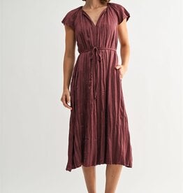 Miss Bliss Crinkle Satin Tie Waist Dress-Wine