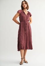 Miss Bliss F2F Crinkle Satin Tie Waist Dress-Wine