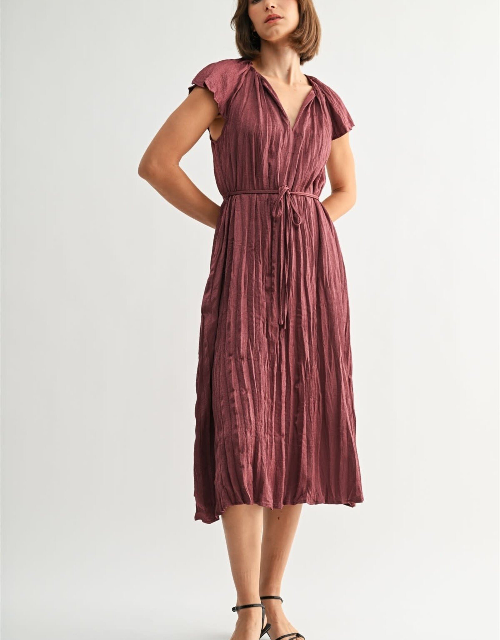 Miss Bliss F2F Crinkle Satin Tie Waist Dress-Wine