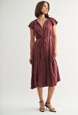 Miss Bliss F2F Crinkle Satin Tie Waist Dress-Wine