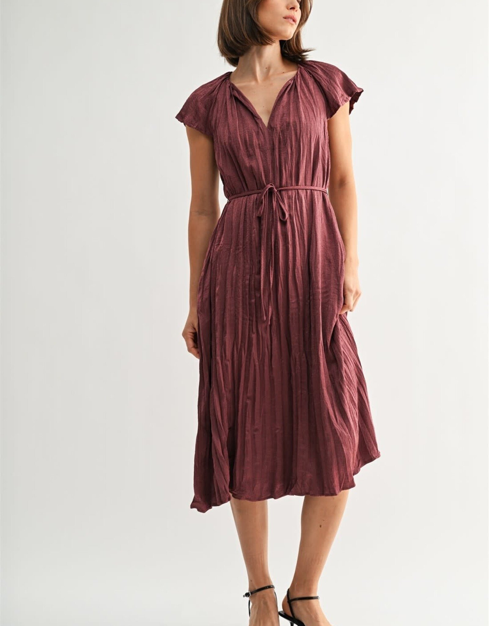 Miss Bliss F2F Crinkle Satin Tie Waist Dress-Wine
