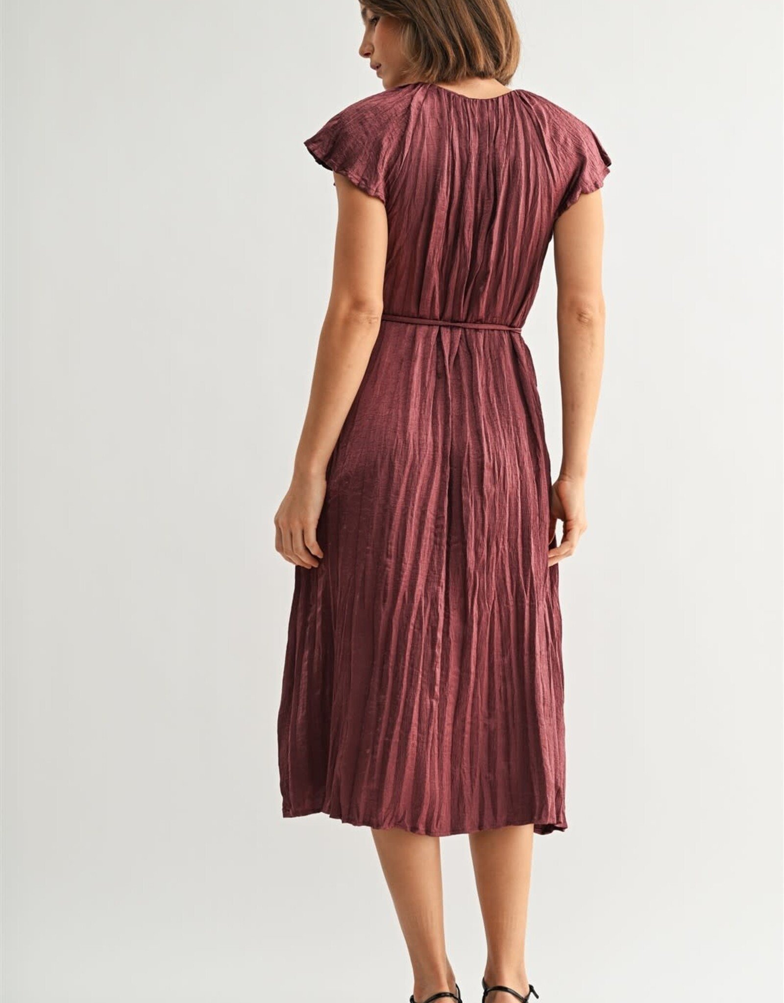 Miss Bliss F2F Crinkle Satin Tie Waist Dress-Wine