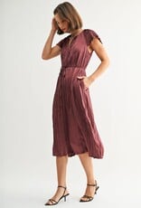 Miss Bliss F2F Crinkle Satin Tie Waist Dress-Wine