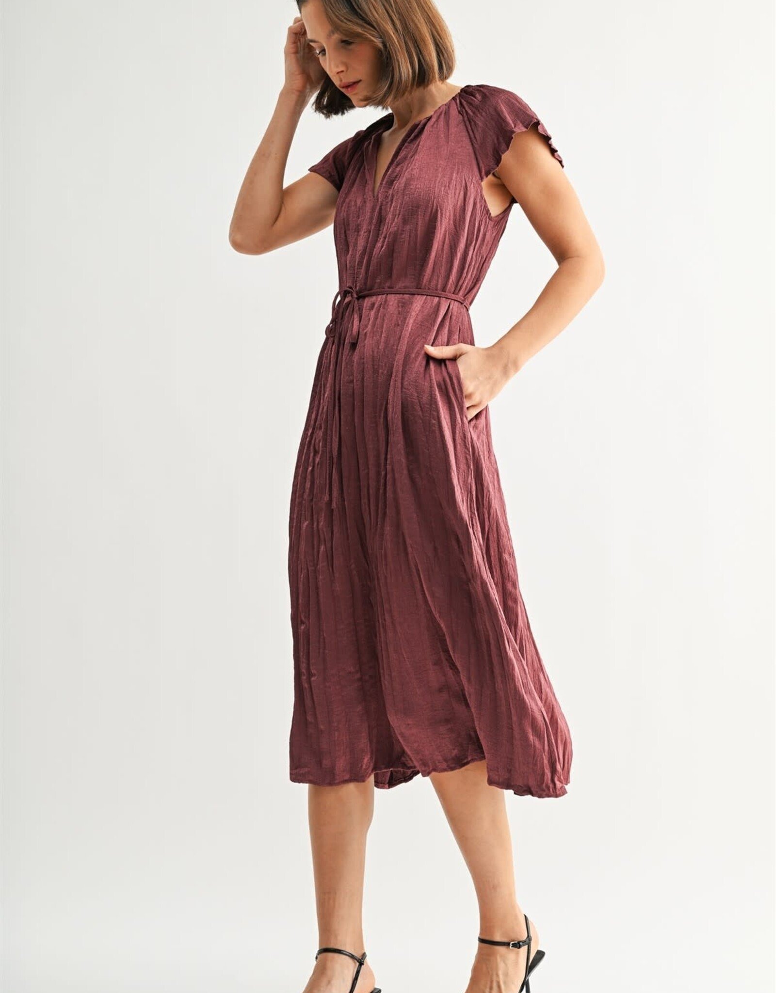 Miss Bliss F2F Crinkle Satin Tie Waist Dress-Wine
