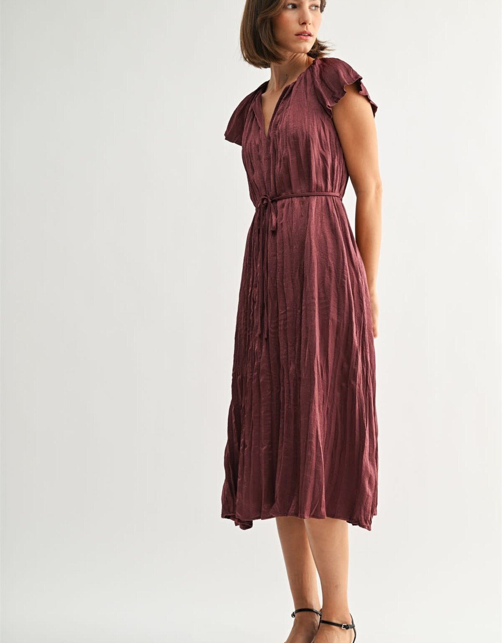 Miss Bliss F2F Crinkle Satin Tie Waist Dress-Wine