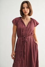 Miss Bliss F2F Crinkle Satin Tie Waist Dress-Wine