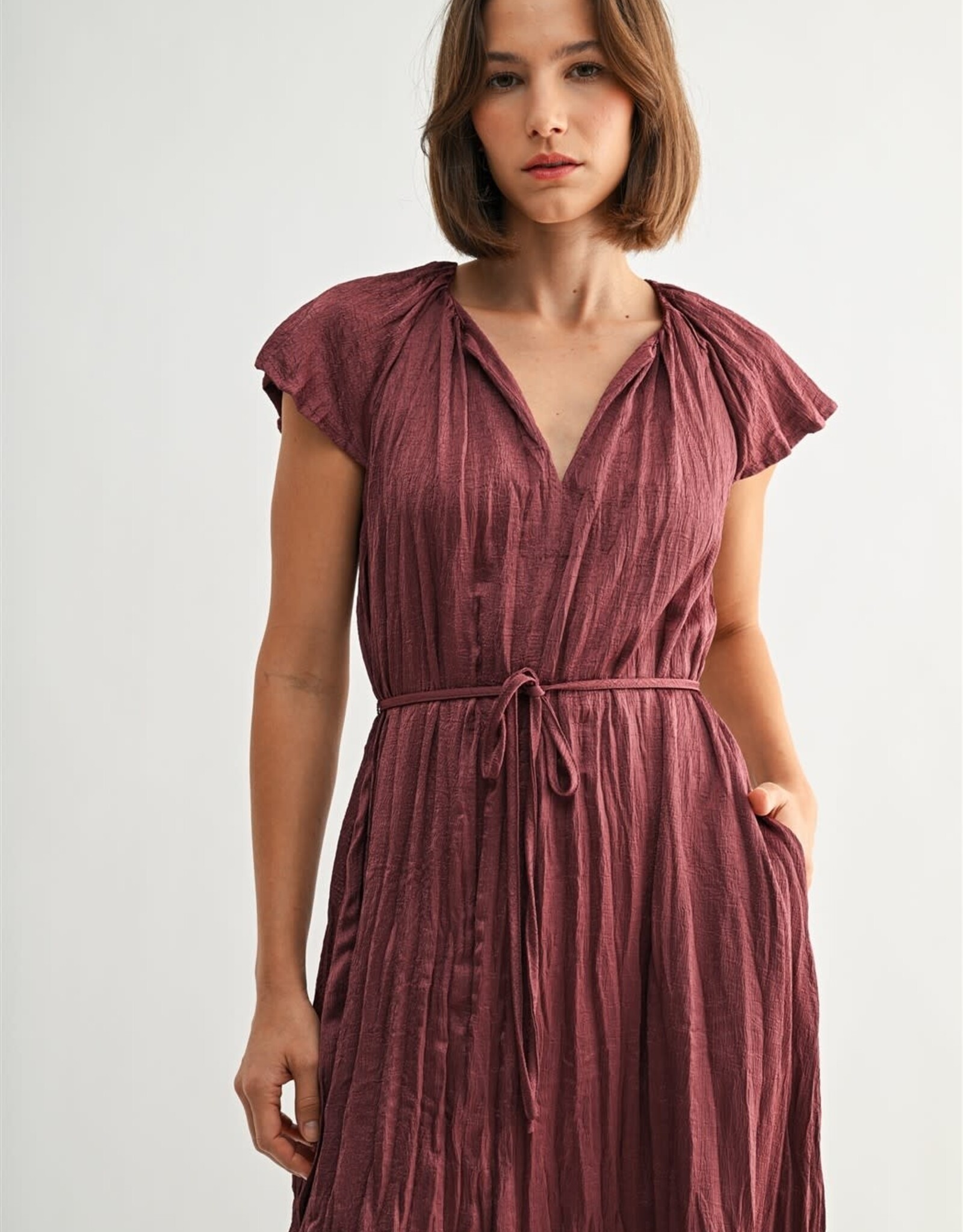 Miss Bliss F2F Crinkle Satin Tie Waist Dress-Wine