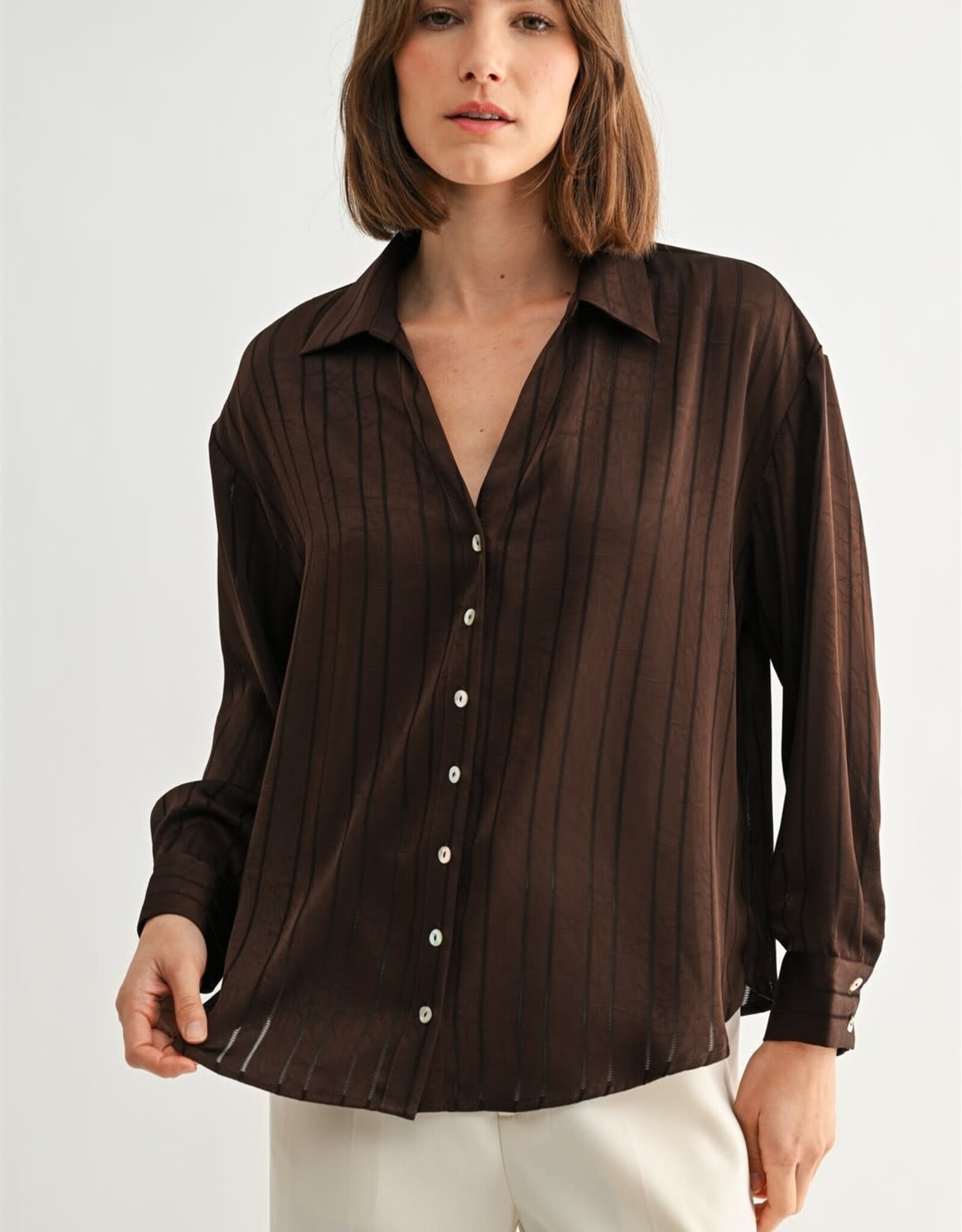 Miss Bliss F2F Texture Stripe V Neck Shirt-Brown