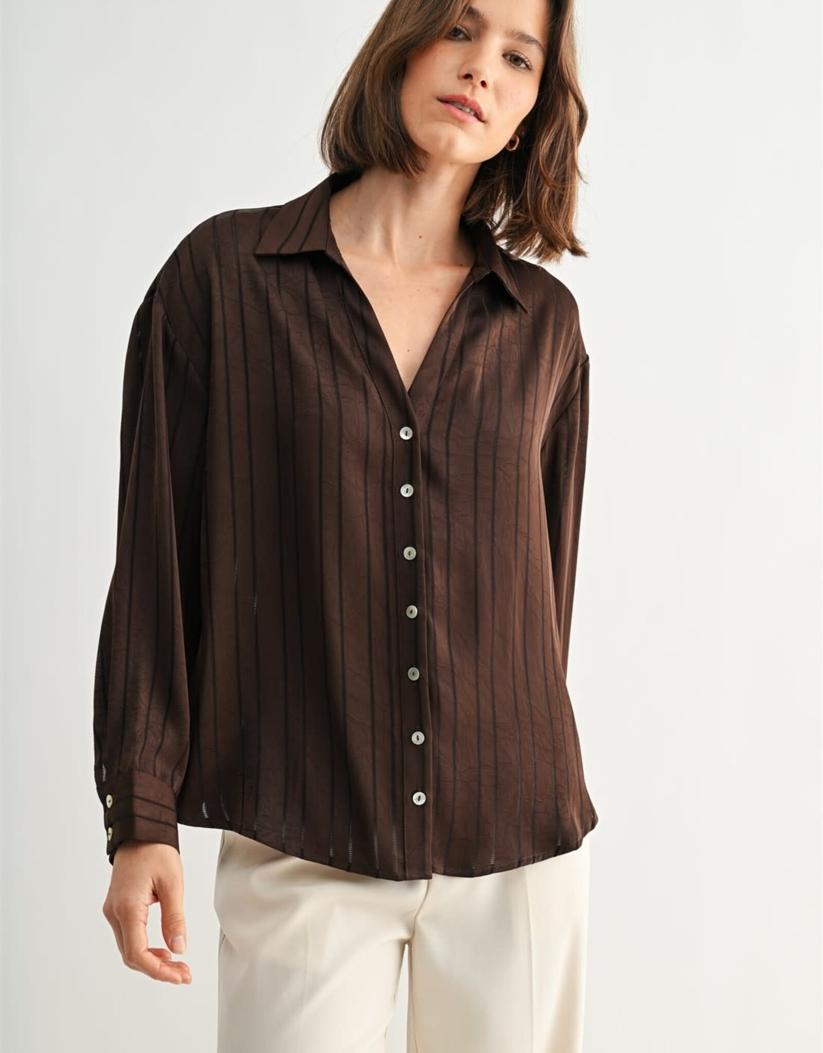 Miss Bliss F2F Texture Stripe V Neck Shirt-Brown
