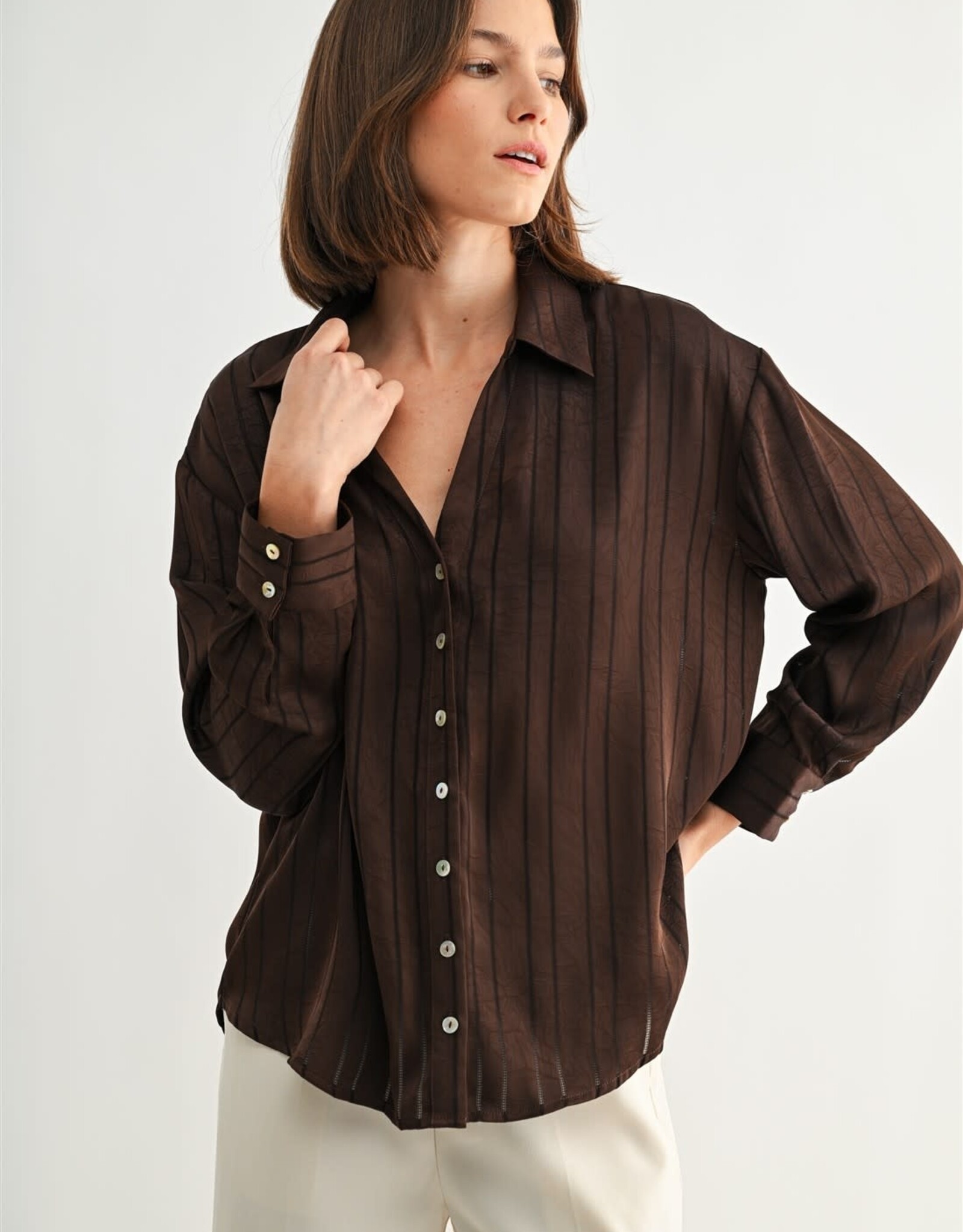 Miss Bliss F2F Texture Stripe V Neck Shirt-Brown