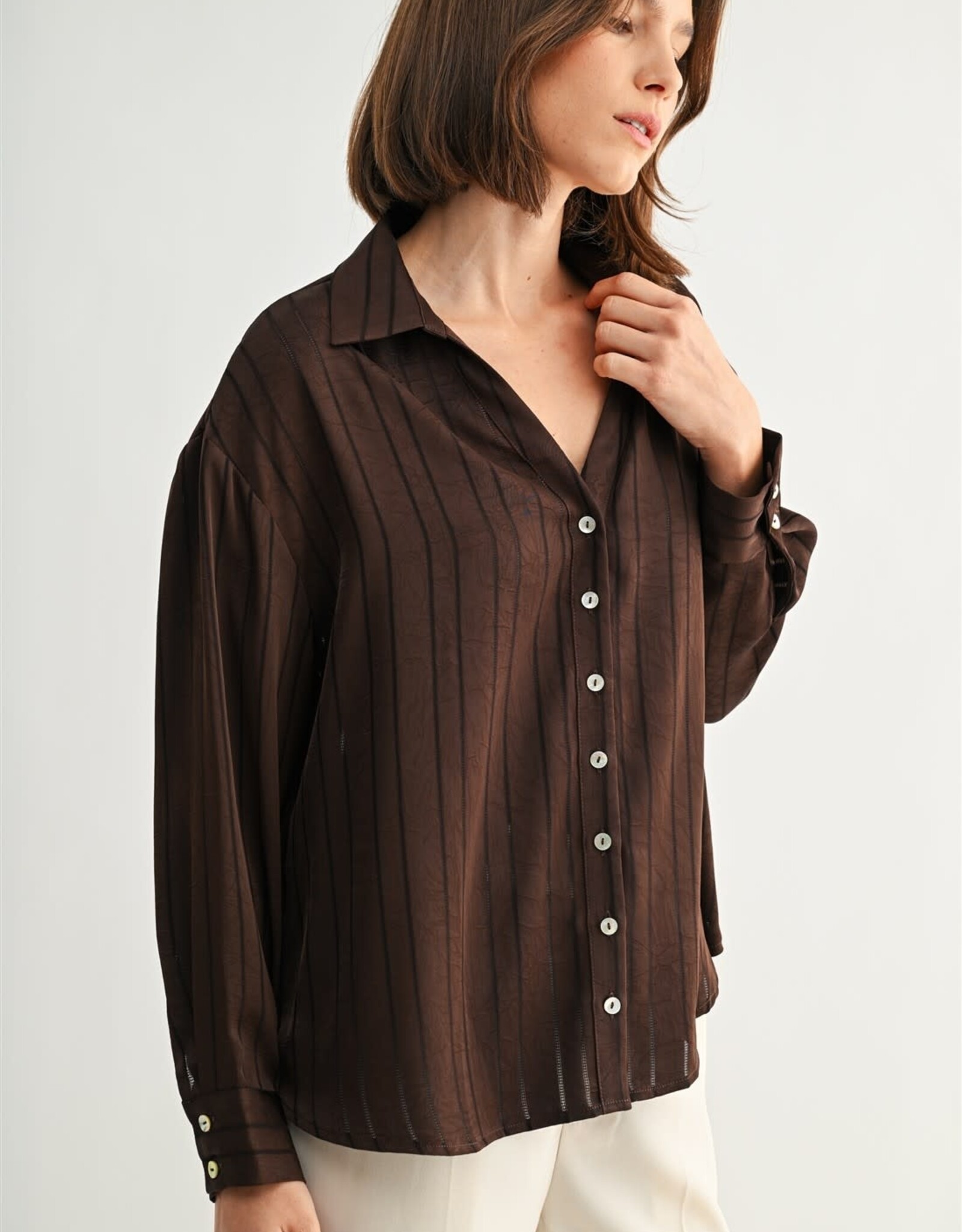 Miss Bliss F2F Texture Stripe V Neck Shirt-Brown