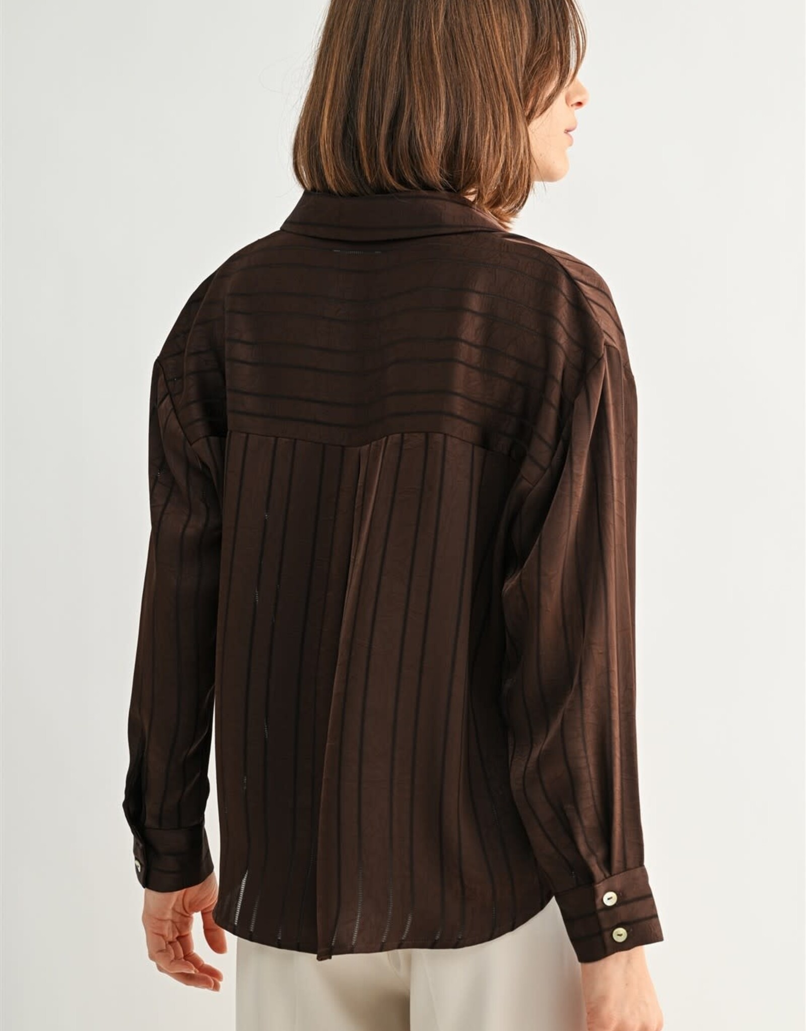Miss Bliss F2F Texture Stripe V Neck Shirt-Brown