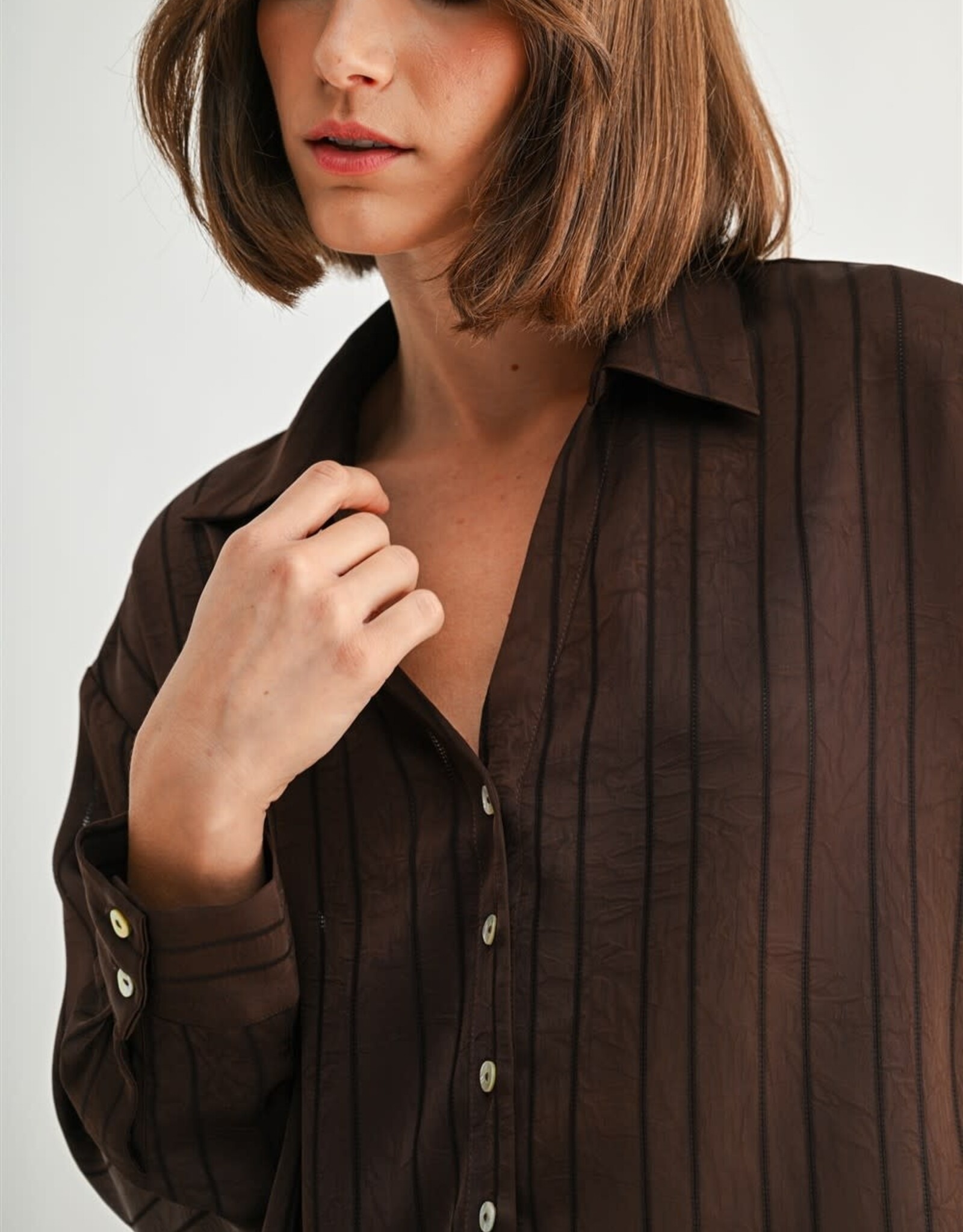 Miss Bliss F2F Texture Stripe V Neck Shirt-Brown