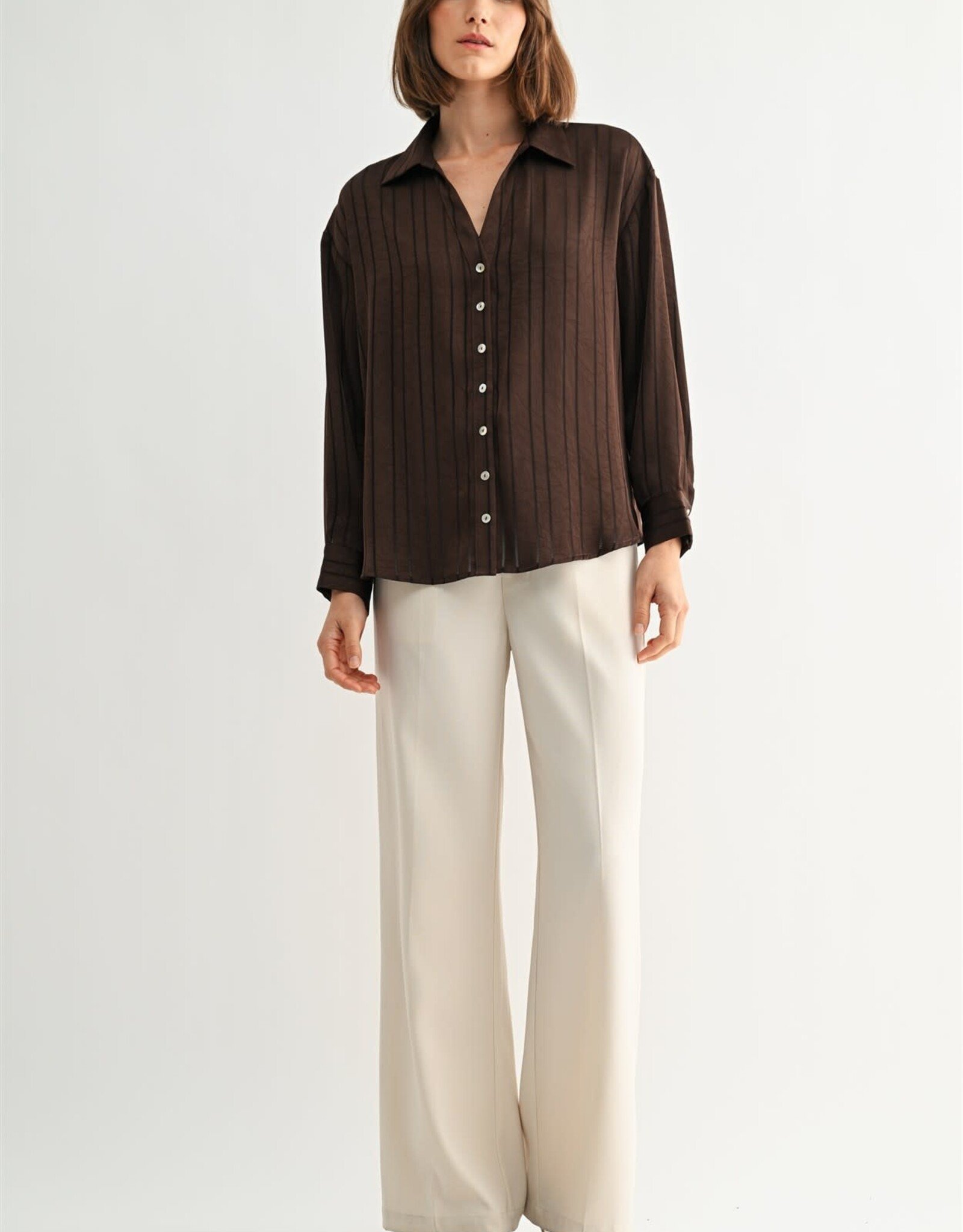 Miss Bliss F2F Texture Stripe V Neck Shirt-Brown