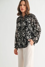 Miss Bliss F2F Flower Print Tie Detail Blouse- Black
