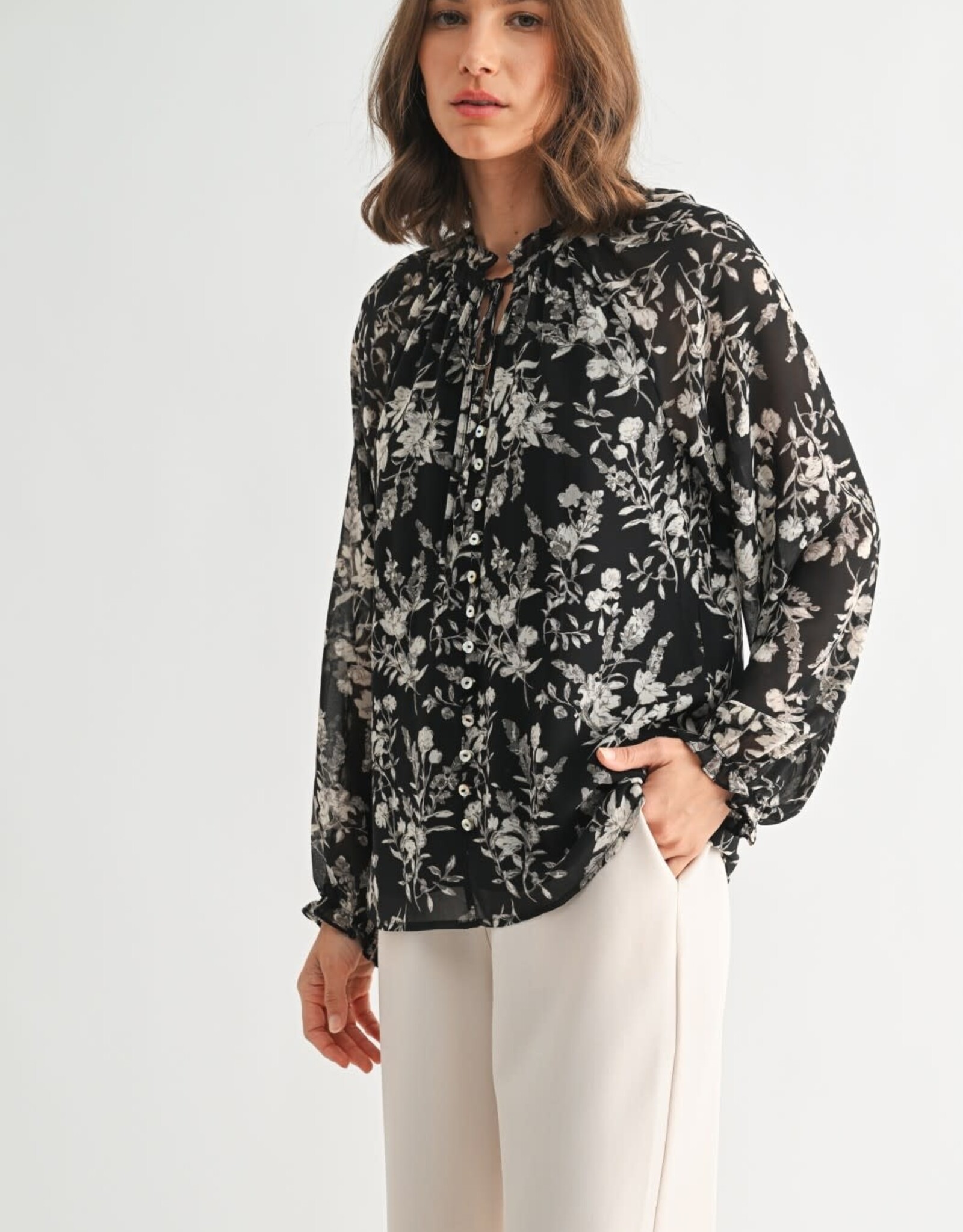 Miss Bliss F2F Flower Print Tie Detail Blouse- Black