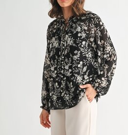 Miss Bliss Flower Print Tie Detail Blouse- Black