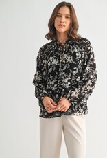 Miss Bliss F2F Flower Print Tie Detail Blouse- Black